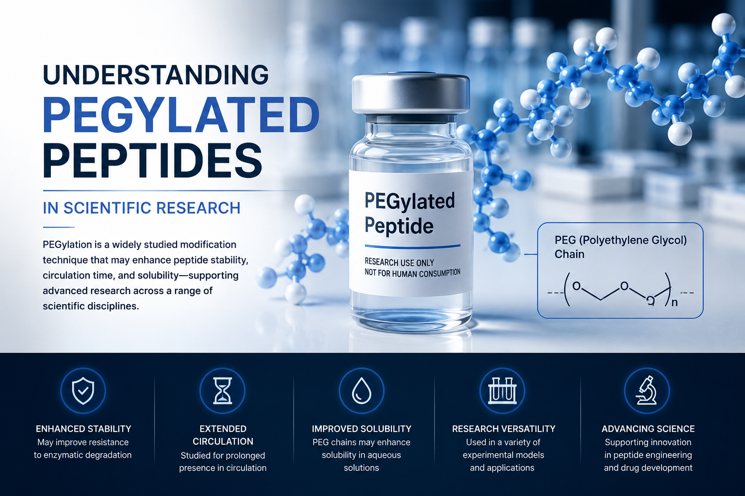 Understanding PEGylated Peptides in Scientific Research Scientific illustration showing a PEGylated peptide research vial, molecular PEG structure, and educational information about peptide stability and laboratory applications.