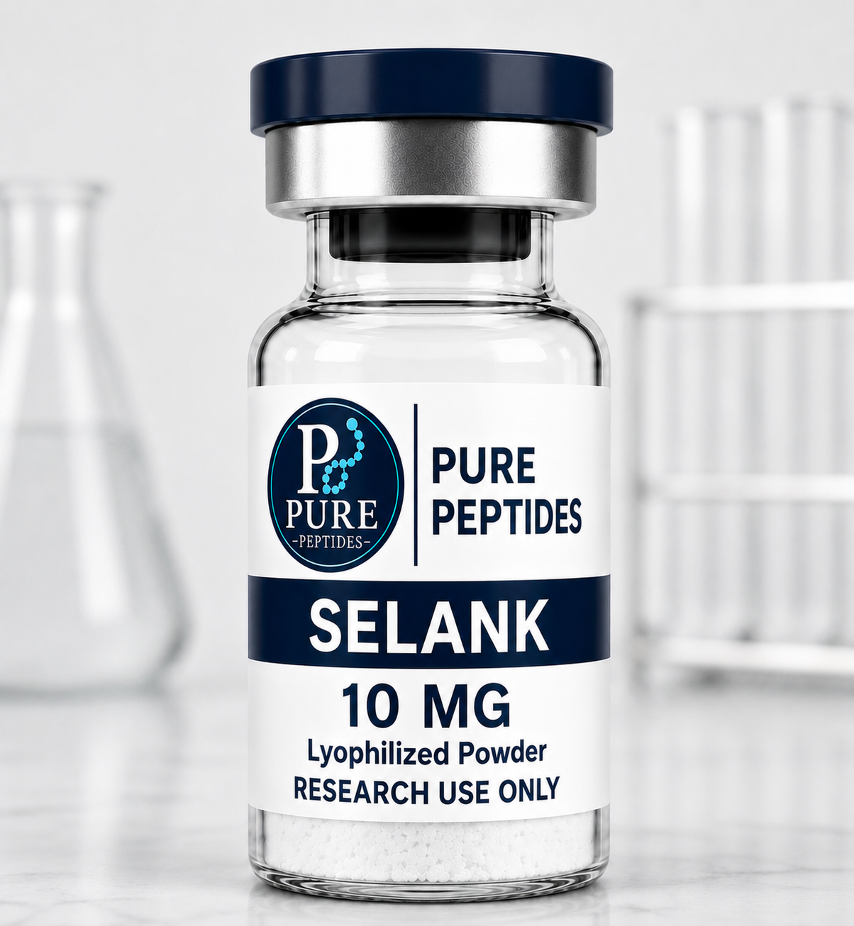 Selank 10mg Research Peptide | Pure Peptides Selank 10mg lyophilized research peptide vial by Pure Peptides