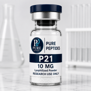 P21 10mg Research Peptide lyophilized vial by Pure Peptides