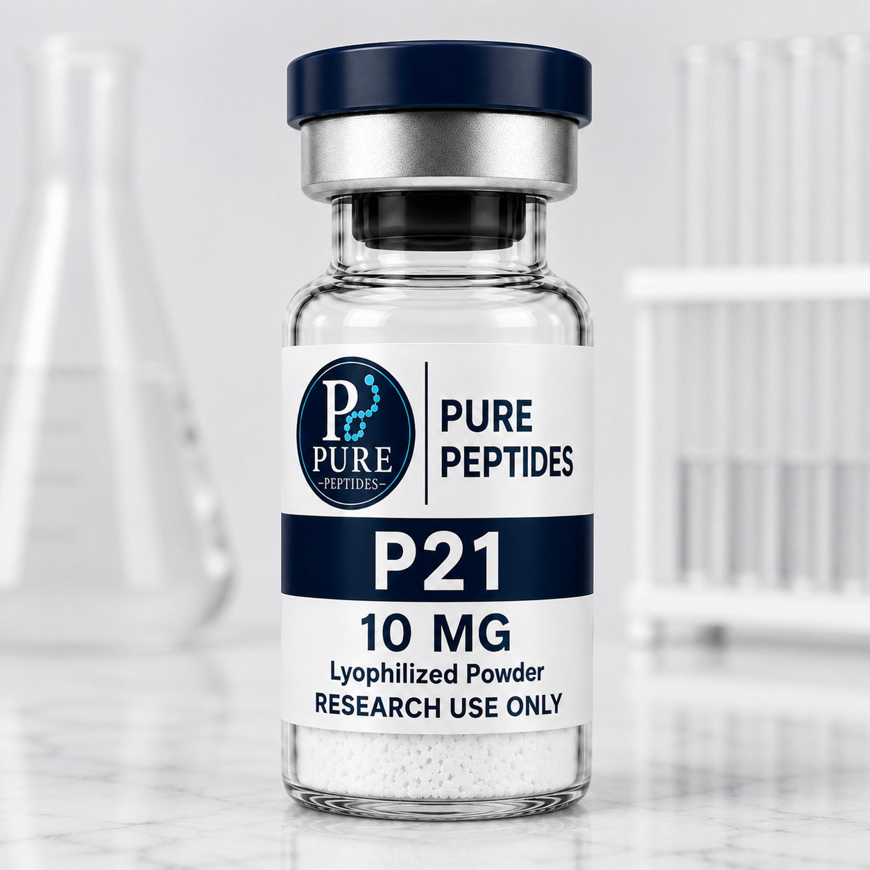 P21 10mg Research Peptide | Pure Peptides P21 10mg Research Peptide lyophilized vial by Pure Peptides